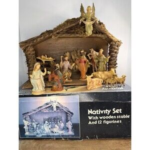 13 pc Vintage Nativity Set Wood Manger Made in Taiwan Resin Original Box